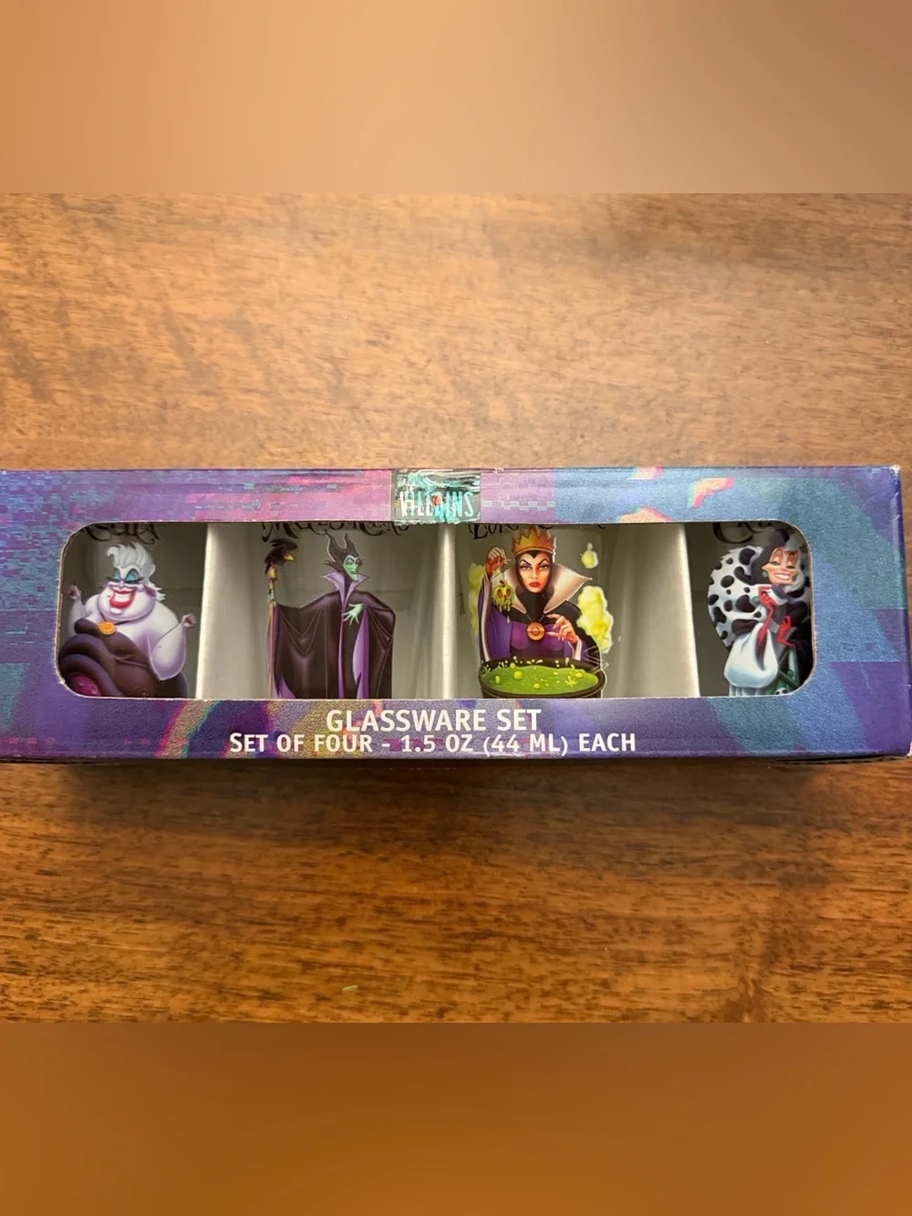 Disney VILLAINS Glassware Set of‎ 4 Glasses 1.5oz NIB shot glasses  NEW